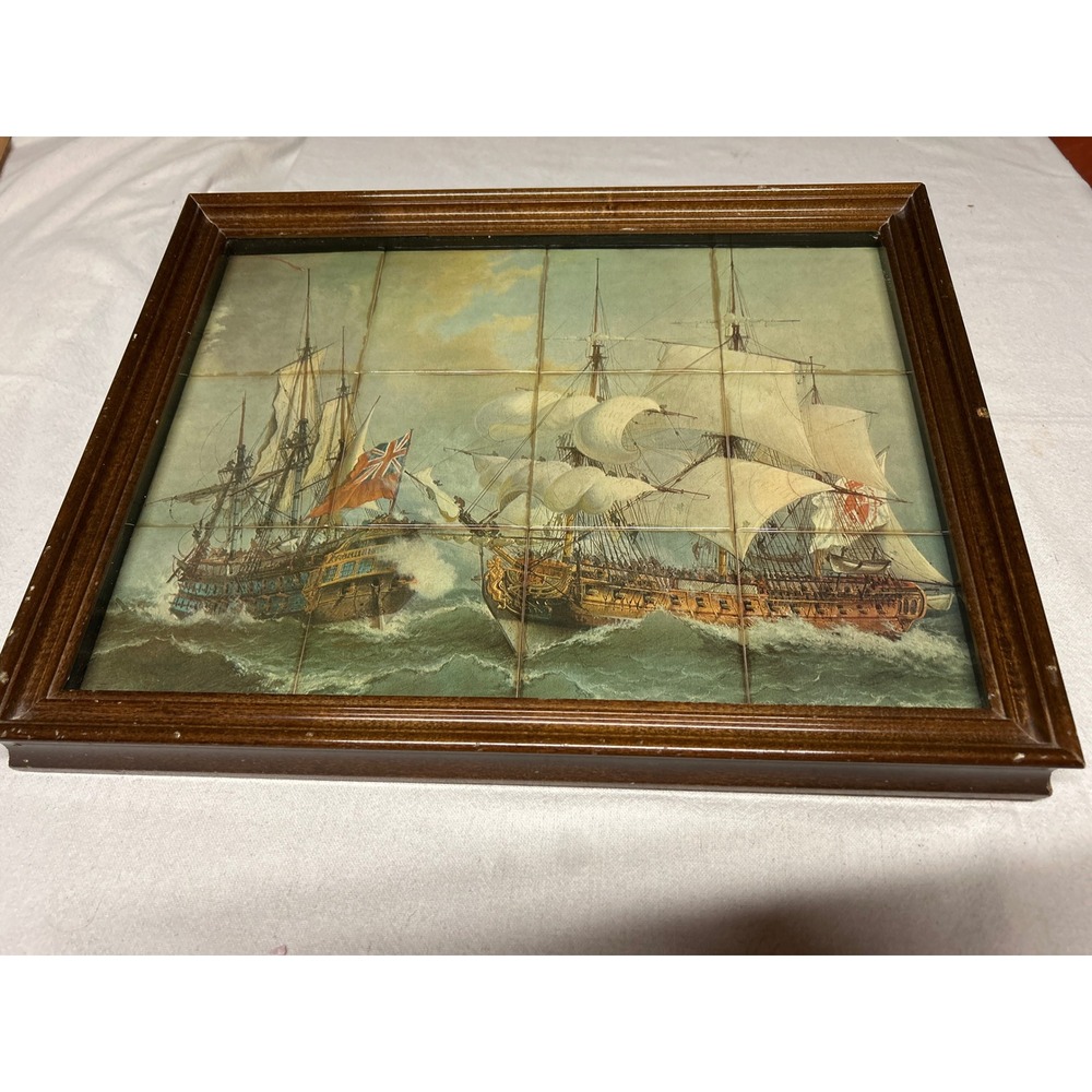 Vintage Ship Battle Nautical Seascape Framed Art Print on‎ Tiles Cortellini 70s